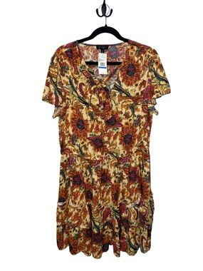 Jessica Simpson Boho Floral Tiered Ruffle Flutter Sleeve Tie Neck Dress NWT XL